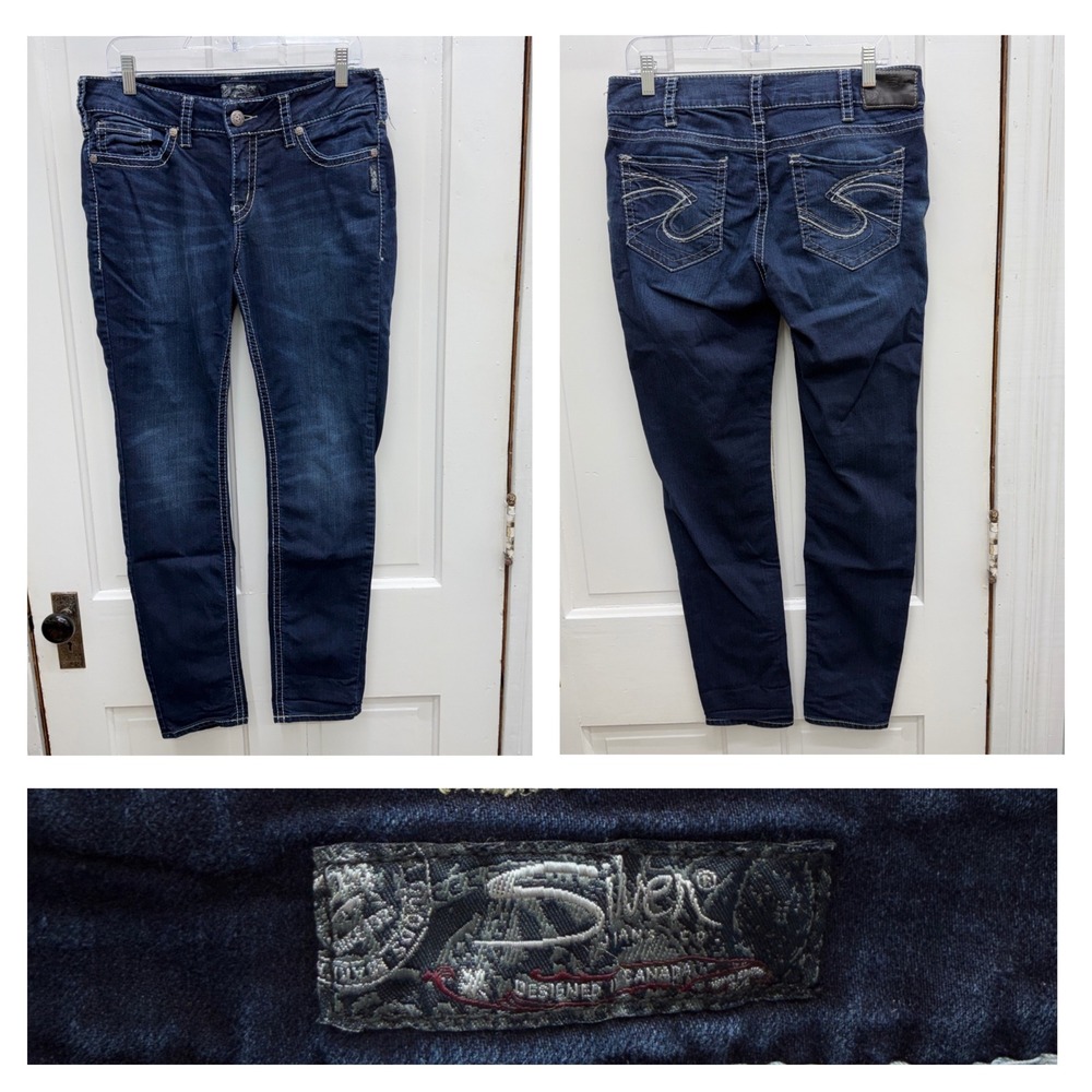 Silver Suki Mid Rise‎ Skinny Super Stretch Thick Stitch Dark Wash Jeans 32 x 31